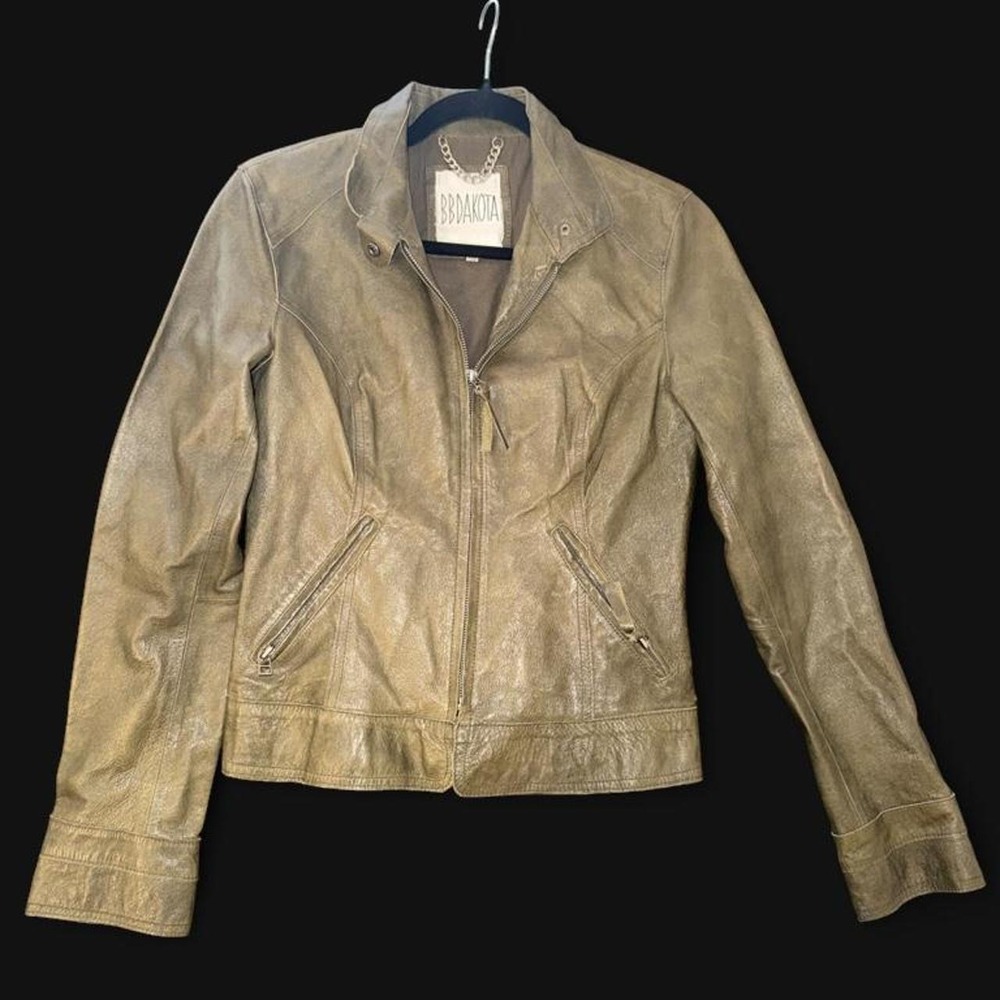 BB Dakota Olive Genuine Leather Moto Jacket Women's Small Zip Front